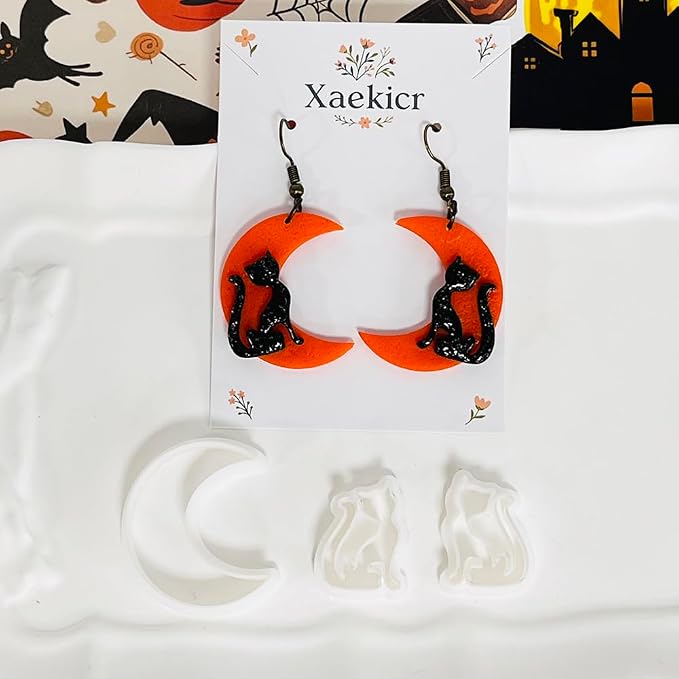 Xaekicr Halloween Moon and Cat Polymer Clay Cutters Set – 3Pcs Clay Earring Cutters for Halloween Earrings Making – Polymer Clay Molds and Tools for Jewelry DIY