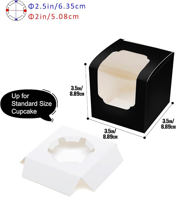 Bakepacker Auto-pop up Cupcake Boxes 100-Packs Individual Cupcake Container Black 3.5" x 3.5" x 3.5" Single Cupcake Boxes