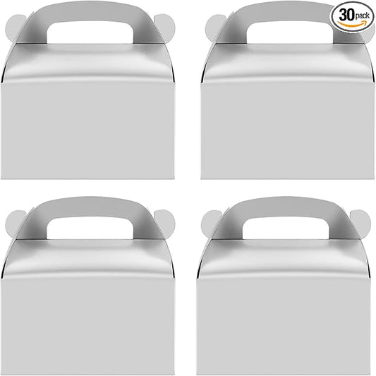 30Pcs Silver Party Favor Treat Boxes Paper Gable Goodie Box | Gift Boxes with Handles Perfect for Wedding, Birthday, Graduation, Babyshower