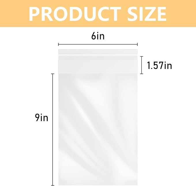 MoloTAR 200 Pcs 6''x 9'' Clear Resealable Cello/Cellophane Good for Bakery,Adhesive Treat, Candle, Soap, Cookie Poly Bags