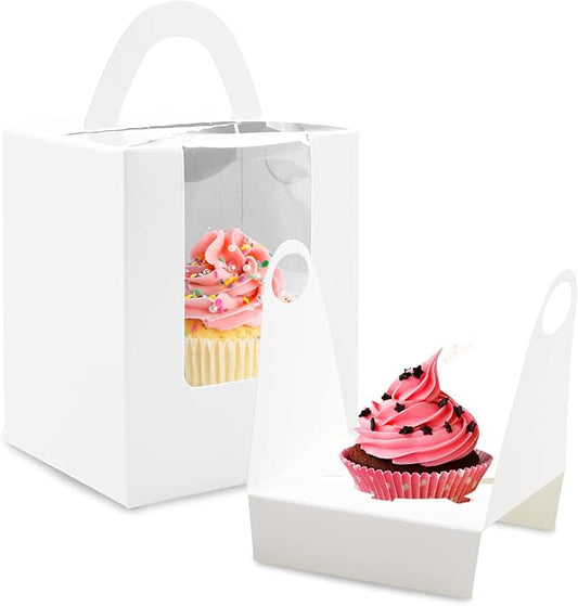 Cupcake Boxes, 30 Pcs Single Cupcake Boxes Individual Cupcake Containers Muffins Cupcake Carriers Holder Kraft Pastry Containers with Insert Window & Handle for Wedding Birthday Parties (White)