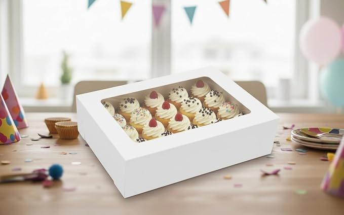 Mini Cupcake Box 6-Pack, Holds 24 Mini Cupcakes, CupCake Holder, Cake Carrier, Food Grade Pop-up Bakery Boxes, 14 x 10 x 4 inch with Inserts and Window Fits 24 Cupcakes Pack of 6.