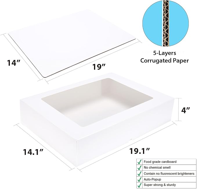 6 Pack 19x14x4 Inch Auto-Popup Large Rectangle Cake Boxes with Thick Cake Boards, Half Sheet Bakery Boxes for Pastry Baking,Cupcake,Muffins & Pie