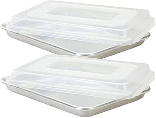 Commercial Grade Half Size Aluminum Baking Sheet Pan with 2 Snap-Tight Plastic Lid Covers, 13" x 18", Set of 2, NSF Approved