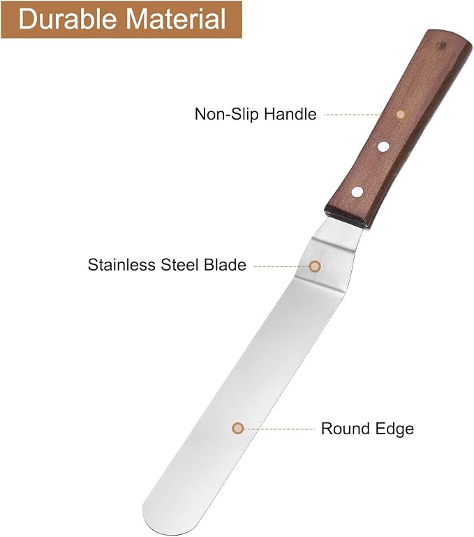 uxcell Icing Spatula with 8 Inch Stainless Steel Bent Blade Cake Angled Scraper Offset Frosting Spatula with Wood Handle for Cake Decorating, Smoothing Frosting, Baking, Wood Color