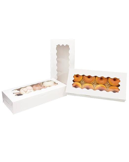 qiqee 50 Packs White Cookie Box with Window 12x5.5x2.5 Inch Two Uses Pastry Biscuit Bakery Box For Packaging