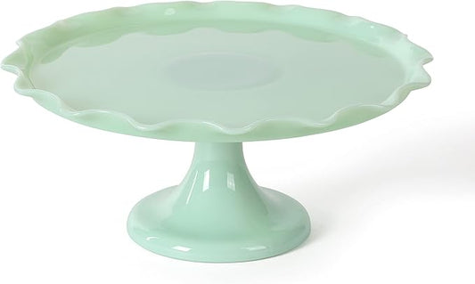 Martha Stewart Highbrook 11" Jadeite Glass Cake Stand – Handmade Vintage-Style Dessert Stand with Ruffle Trim, Decorative Pedestal Cake Plate for Display & Serving