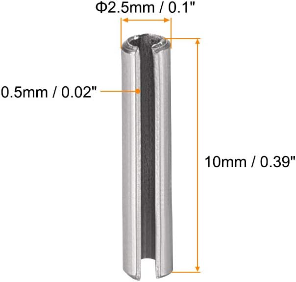 uxcell Slotted Spring Pin - M2.5 x 10mm 304 Stainless Steel Split Spring Roll Dowel Pins Plain Finish 20Pcs