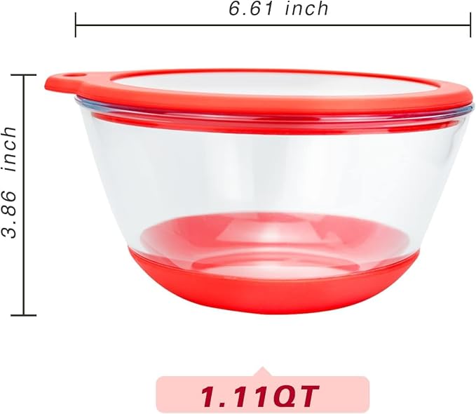 MR. CHOU Versatile Serving Bowls - Glass Bowls for Salad, Pasta, Soup - Stackable, Microwave & Dishwasher Safe with Lid, Non-Slip Base - Ideal for Entertaining, Parties, and Meal Prep, Red, 1.1QT