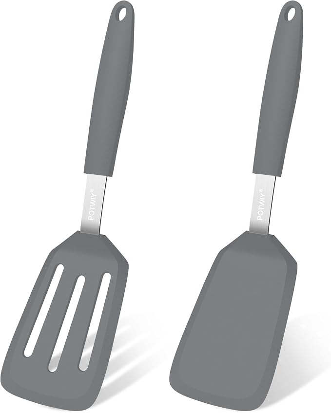 2 Pack Silicone Kitchen Spatula Set, 600°F Heat Resistant (Gray) | BPA Free, Solid & Slotted Turner, Non-Toxic Cooking Utensils, Safe for Non Stick Frying Pan, Dishwasher Safe