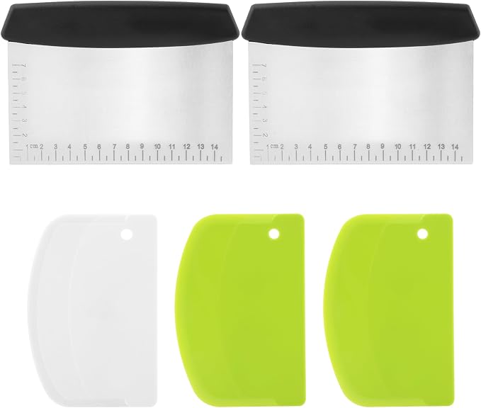 5Piece Dough Scraper Set, 2 Stainless Steel Bench Scrapers with Scale + 3 Plastic Bowl Scrapers, Non-Slip Handle, for Baking Pizza Bread Cake