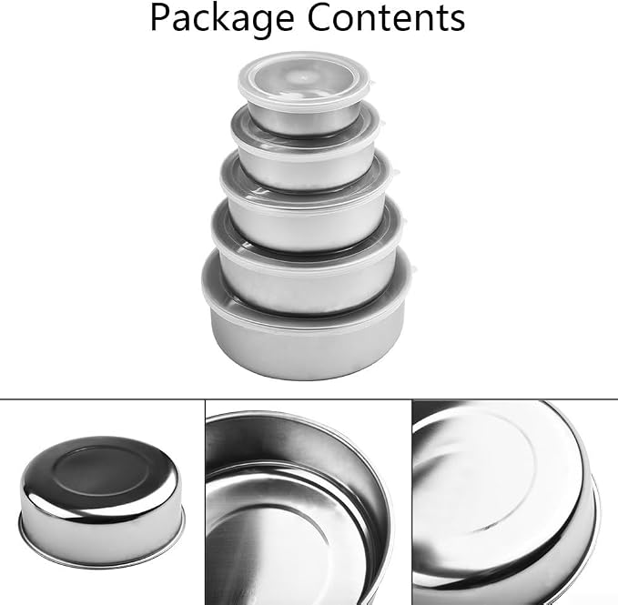 Stainless Steel Mixing Bowls Set with 5 Lids, 5-Piece Nesting Food Storage Containers for Meal Prep and Leftovers, Dishwasher Safe Kitchen Gadgets in Silver, Sizes 10cm to 18cm