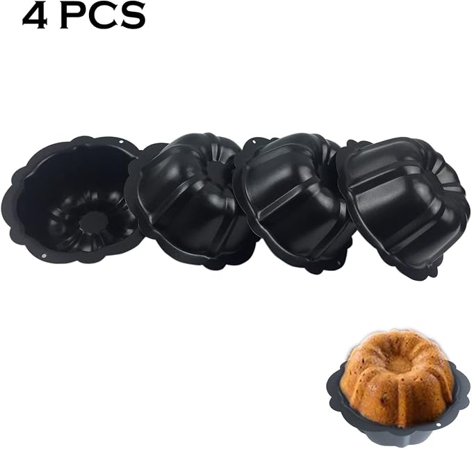 Fluted Tube Cake Pan, Nonstick Mini Kugelhopf Mold, 4 Inch Black | Pack of 4 Small Baking Pans Pumpkin Shape, Reusable Carbon Steel Fluted Tin for Flan, Muffin, Brownie, Pudding, Bread
