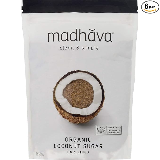 MADHAVA Organic Coconut Sugar (1LB, Pack of 6), Natural Sweetener, White Sugar Alternative for Baking and Cooking, Clean Coffee & Tea Sweetener, Vegan, Organic and Non-GMO