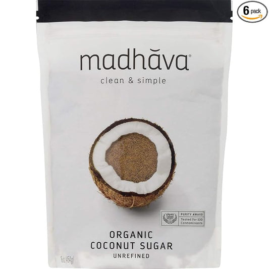 MADHAVA Organic Coconut Sugar (1LB, Pack of 6), Natural Sweetener, White Sugar Alternative for Baking and Cooking, Clean Coffee & Tea Sweetener, Vegan, Organic and Non-GMO