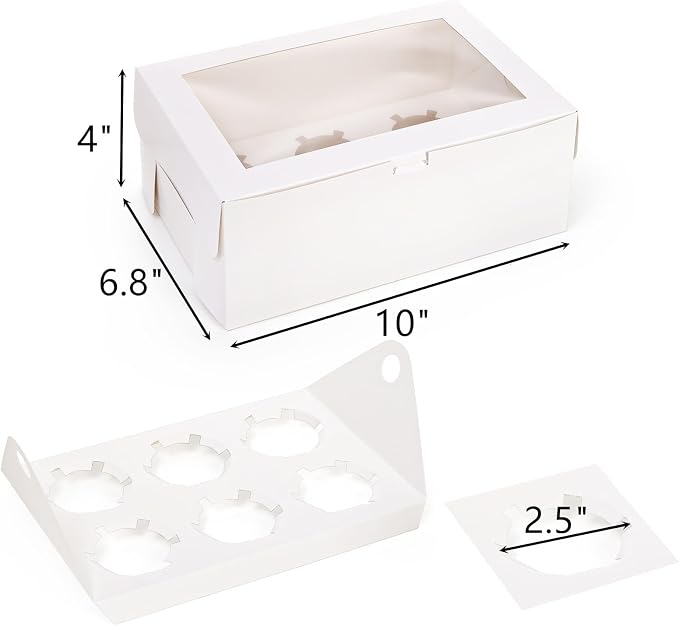 Yesland 30 Pack White Jumbo Cupcake Boxes, 6 Cupcake Containers with Windows, Handle Tray and Inserts, 10 x 6.8 x 4inch Tall Paper Cupcake Holder Carrier for Muffins, Standard or High Creams Cupcakes
