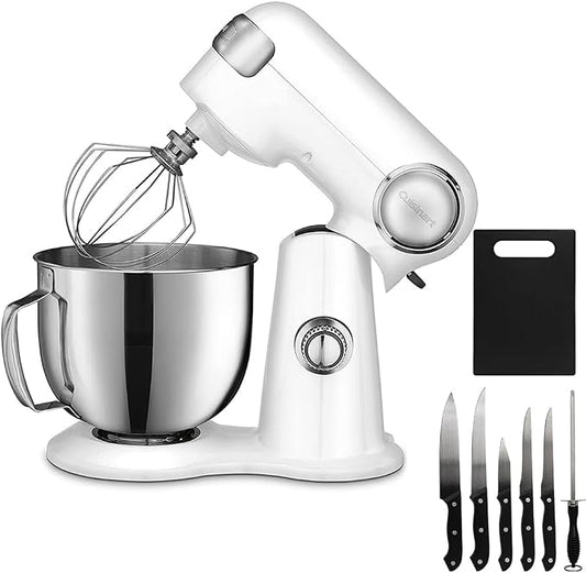 Cuisinart Precision Master 5.5-Quart 12-Speed Stand Mixer (White Linen) Bundle with Deco Essentials 5-Piece Knife Set with Cutting Board and Sharpening Steel