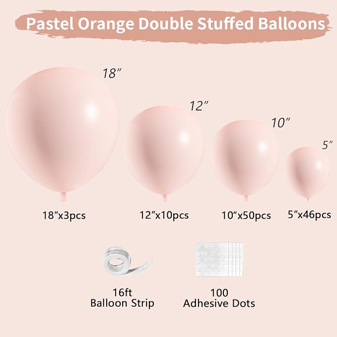 Pastel Orange Double Stuffed Balloons Different Size 115Pcs 5/10/12/18" Peach Blush Balloons Arch Garland kit for Birthday Baby Shower Bridal Shower Wedding Gender Reveal Party