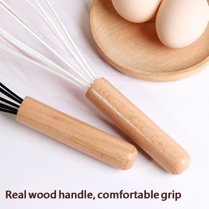 10 "Silicone Whisk with Wood Handle, suitable for mixing, stirring, stirring, cooking, baking, suitable for pancake batter, eggs, cake powder, mixing, gravy, and sauce (grey)