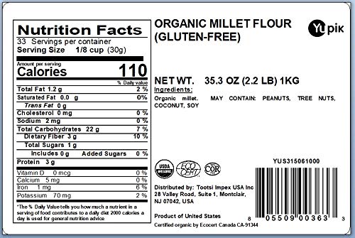 Yupik Organic Millet Flour, 2.2 lb (35.2 oz), Gluten-Free, Non-GMO, Kosher, Vegan, Raw, Salt-Free, Plant-Based Protein, Source of Fiber & Iron, Ideal for Baking & Cooking