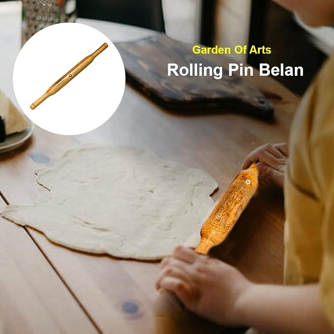 Handcrafted Wooden Rolling Pin,Belan,Belna,Traditional Belan for Roti, Chapati, Dough, Pastry – Handcrafted Hardwood Dough Roller with Easy Grip Handles – Smooth Finish (Thin Belan)