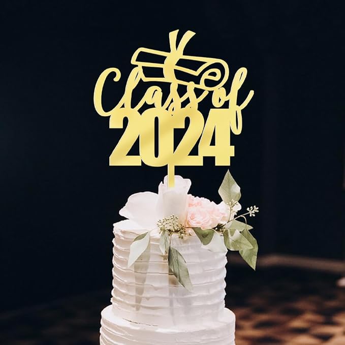 Mirror acrylic Class of 2024 Cake Topper - Congrats Grad Cake Toppers - Gold Glitter Graduation Party Decorations