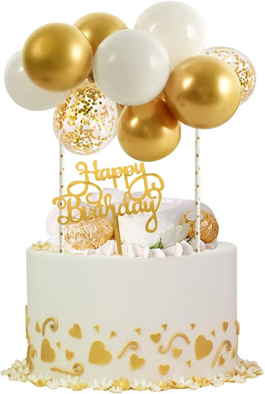 BEISHIDA Happy Birthday Cupcake Toppers - White Gold Mini Balloon Cloud Birthday Cake Decorations for Wedding Anniversary Baby Shower Decorations