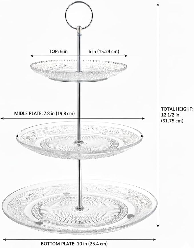 Royalty Art 3-Tiered Serving Stand (Glass) Beautiful, Elegant Dishware Serve Snacks, Appetizers, Cakes, Candies Durable, Reusable Party or Holiday Hosting (Silver) (1) (1)