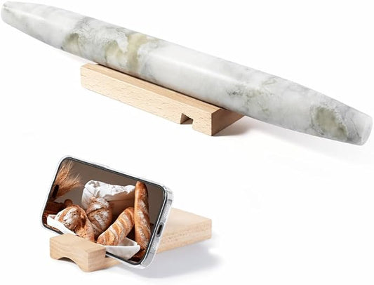 Marble French Rolling Pin, Non-Stick Polished Dough Roller, Pasta, Dumpling, 15 inch Kitchen Baking Tool for Baking with Wooden Resting Base(Bianco Palomino)