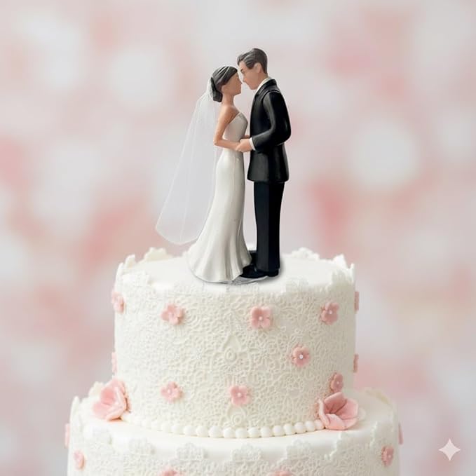Wedding Cake Topper Bride and Groom Figurine with Veil, Classic Couple Cake Decoration for Wedding, Engagement, Bridal Shower Party(White)