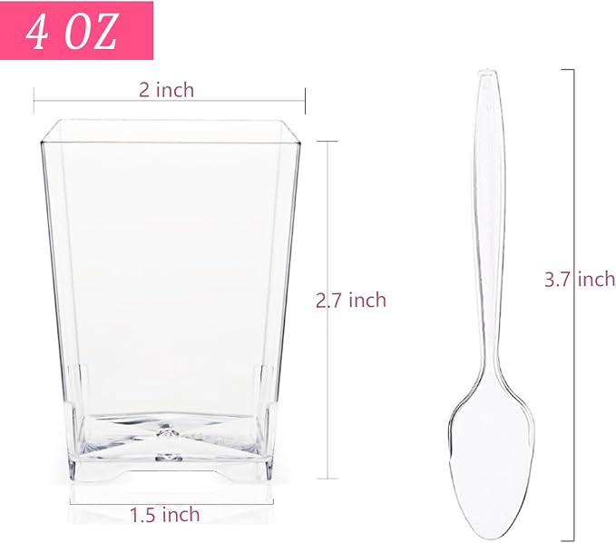 Jnnzzggu 50 Pack 4 oz Square Plastic Dessert Cups with Spoons,Clear Plastic Parfait Appetizer Cup Parfait Cups for Desserts,Appetizers,Ice Cream