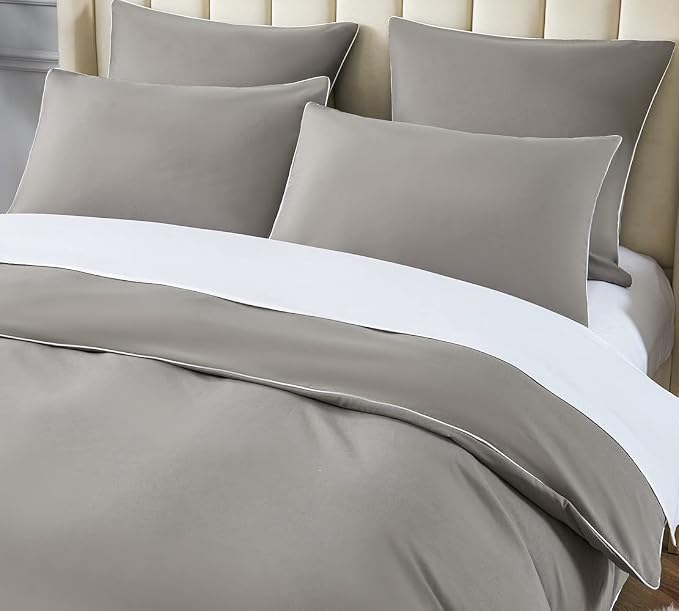 DAUAOTO Duvet Cover Twin/Twin XL Set, Gray Microfiber with Contrasted White Piping, 1 68"X86" Cover + 1 20"X26" Sham Simple Style Boys Bedding
