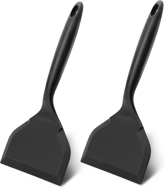 2 Pack Silicone Pancakes Spatula,Wide Pancakes Spatula Turner for Eggs Fish Pizza and Steak Shovel Omelette Spatulas for Nonstick Cookware,Heat Resistant Kitchen Flipper Spatulas for Cooking (Black)