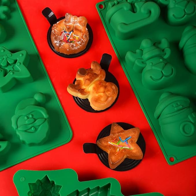 6 Cavities Silicone Cookies Biscuit Mold, Christmas Halloween Candy Mold, Reusable DIY Baking Mold Jelly Chocolate Mold, Ice Cube Tray Wax Melt Molds(Set of 2 Green Star and Elk)