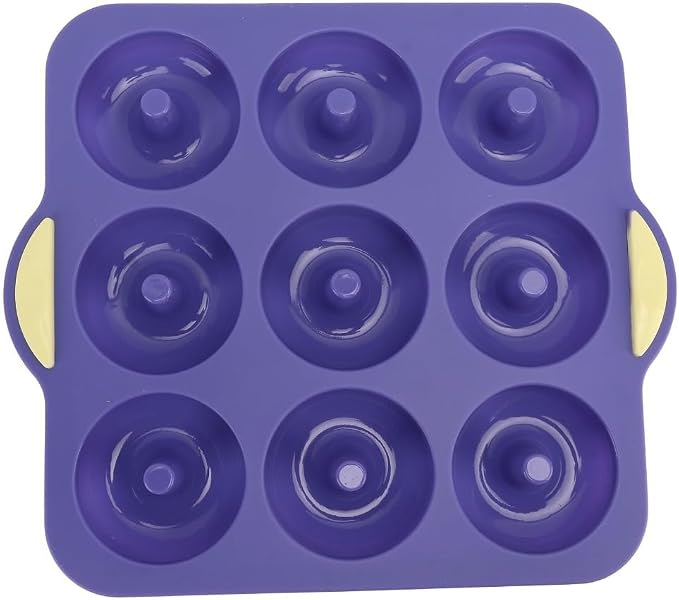 Limen Silicone Donut Baking Mould Tray, 9-Cavity Non-Stick Ring Cake Pan with Center Posts and Dual Side Handles for Oven Baking 11.5x10.12 in(Blue)