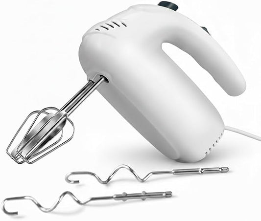 300W Hand Mixer Electric Handheld, 5 Speed Lightweight Kitchen Blender, Turbo Boost/Self-Control Speed Hand Held Beater Mixer with 4 Stainless Steel Whisks for Baking Cakes Eggs Cream, White
