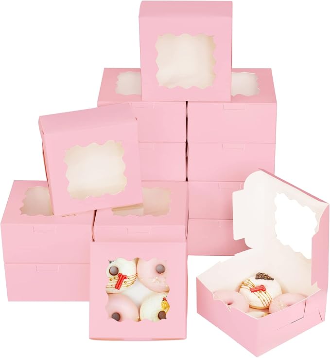 Bakepacker 60pcs Pink Cookie Boxes 6x6x3 inches Easy Assemble Macaroon Pastry Boxes Bakery Boxes with Window for Bakery