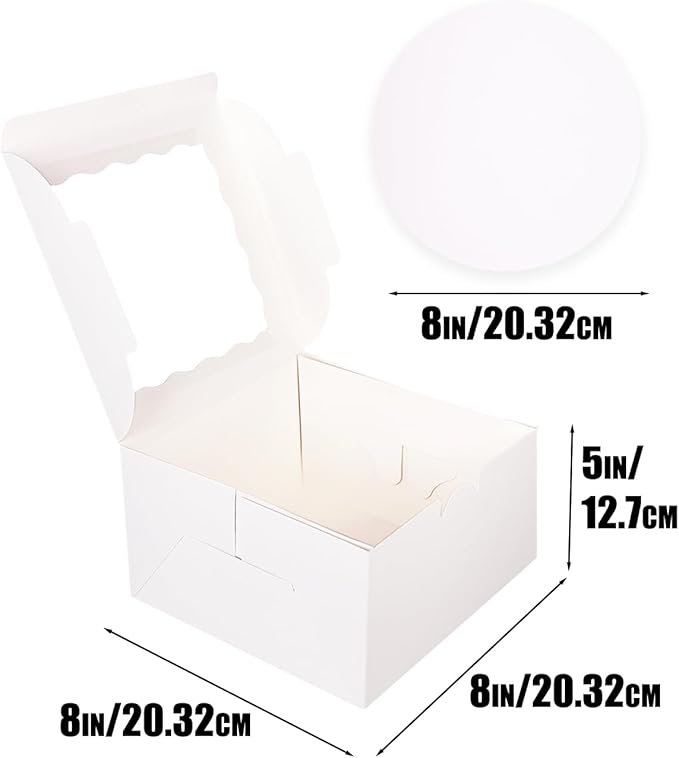 qiqee White 8"x8"x5" Cake Box 4Pcs, 6" White Cake Round Boards 4Pcs, for Cake, Treat Cookie Dessert, Birthday Party