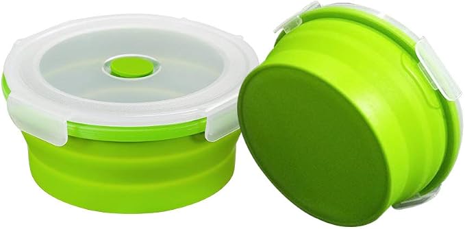 URBEST Collapsible Bowls, Silicone Food Storage Containers with Lids for Camping, Set of 4 Round Silicone Lunch Containers, Microwave and Freezer Safe (greener， 4)