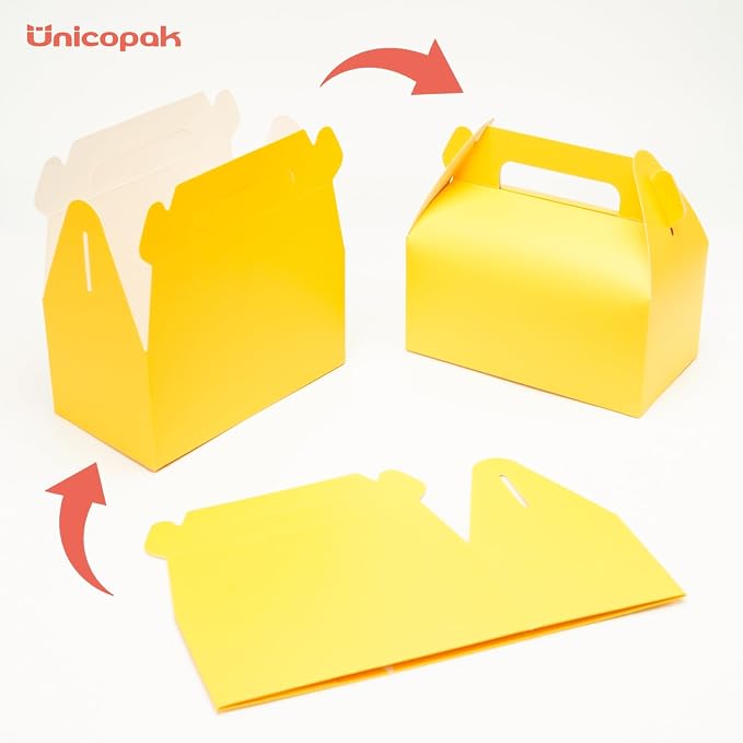 UnicoPak 30 Pack Yellow Party Favor Bag Boxes, Gable Gift Boxes for Candies Treats Goodies Cookies, Ideal for Yellow Party Favors, Themed Birthday Party, Valentine's Day, 6.5x3.5x3.5 Inches