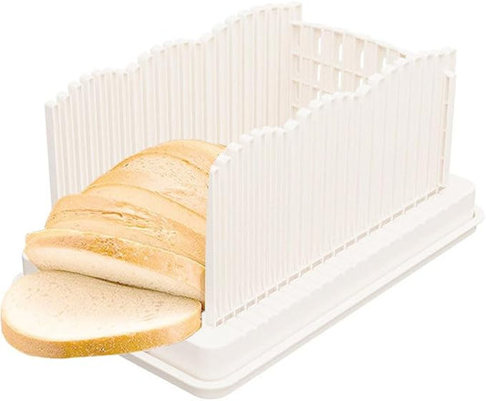 Adjustable Bread Slicer for Bagels, Toast, Homemade Loaves - Foldable Cutter with Crumb Container | Effortless Thin/Thick Slices