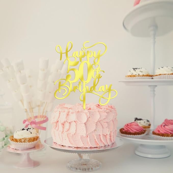 Happy 50th Birthday Cake Topper，Mirrored Gold Acrylic Birthday Topper for Cheers to 50 Years Birthday/Anniversary Party Decoration Ideas, Perfect Keepsake for your family and friends(50th)