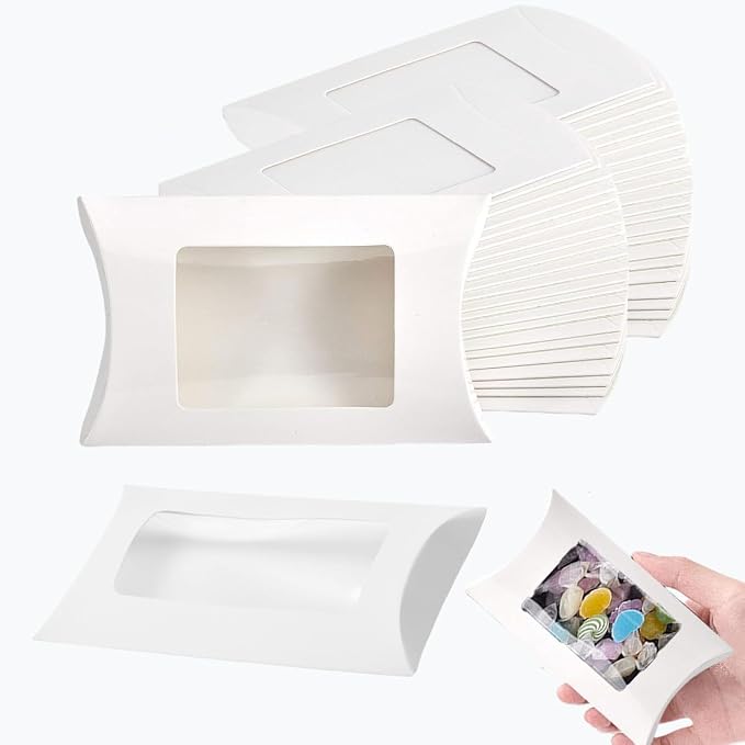 100 Pcs Pillow Gift Boxes with Windows,Kraft Paper Mini Pillow Packaging Box, Creative Favor Box Folding Treat Boxes with Clear Window for Bakery Candy Chocolate Jewelry Display Wedding Party Favor (White,100Pcs)