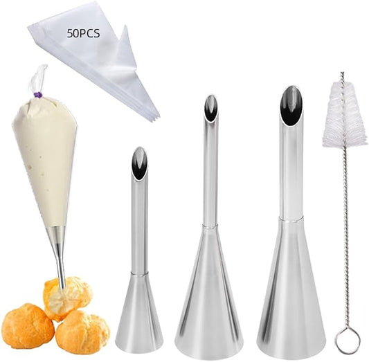 3PCS Puff Cream Filling Piping Tips with 50Piping Bags for Donuts,Eclairs | Long Piping Nozzle Tips,Puff,Eclairs,Cream Filling Nozzles,Cream Injector Tips,donut filler injector,with Tip Cleaning Brush