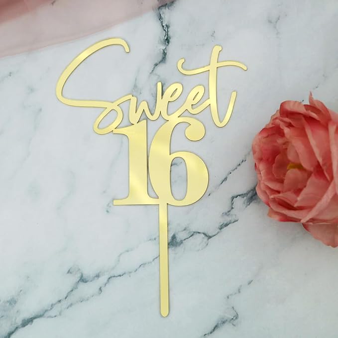 Sweet 16 Cake Toppers Mirror acrylic gold | Happy Sweet Sixteen Birthday Party Cake Decor for Cheers to 16 Years Anniversary Party Decorations Supplies