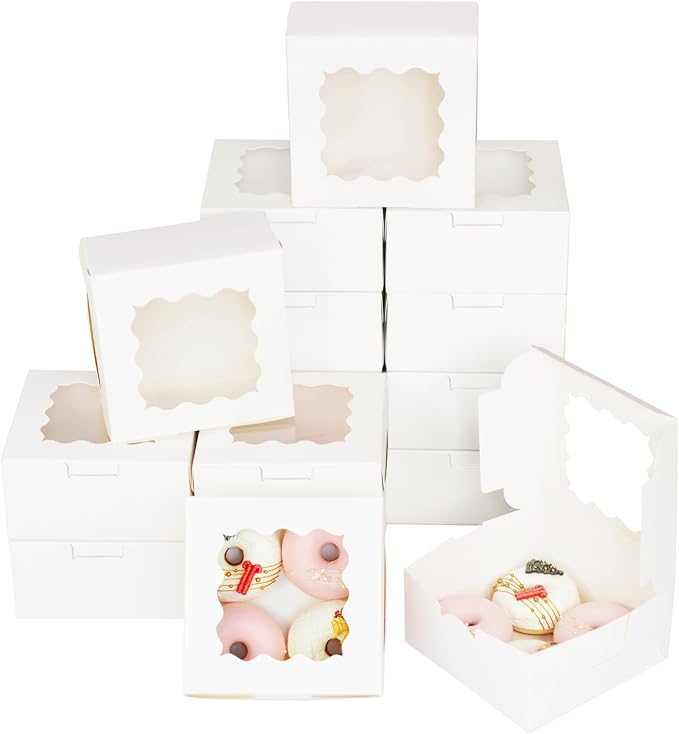 Bakepacker 60pcs White Bakery Boxes with Window 6x6x3 inches Thick & Sturdy Macaroon Pastry Boxes Cookie Boxes for Bakery