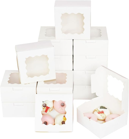 Bakepacker 60pcs White Bakery Boxes with Window 6x6x3 inches Thick & Sturdy Macaroon Pastry Boxes Cookie Boxes for Bakery