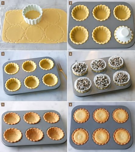 Mini Tart pan with Tart Cutting Mold, 2.75" Egg Tart Molds 6-cavity Non Stick Fluted Mini Tart Mould, Reusable Quiche Bakeware Carbon Steel for Pies, Quiche, Cheese Cakes, Desserts