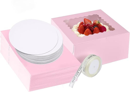 48pcs 10x10x5 Inches Cake Boxes,24pcs Pink Boxes and 24pcs Boards,Cajas Pasteles for Disposable 10 inch Cake box with Window (Pink, 10 * 10 * 5inch/48pcs)