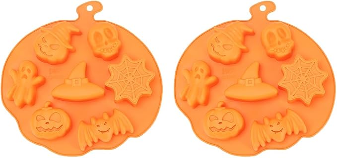 7 Cavities Silicone Cookies Biscuit Mold, Christmas Halloween Candy Mold, Reusable DIY Baking Mold Jelly Chocolate Mold, Ice Cube Tray Wax Melt Molds(Set of 2 Orange Halloween)